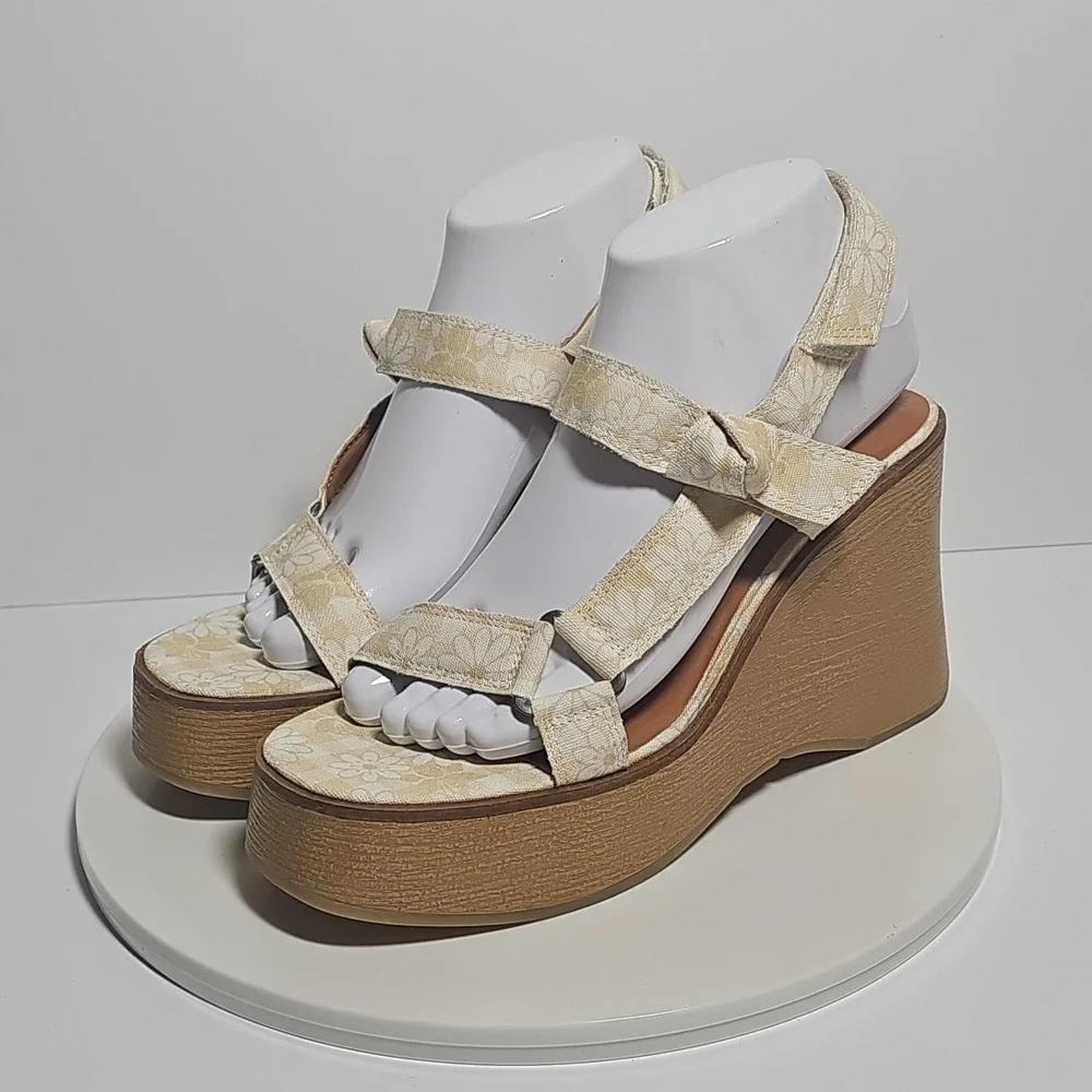 Lucky Brand Demmia Platform Wedge Sandals Daisy Floral Adjustable Yellow 7.5